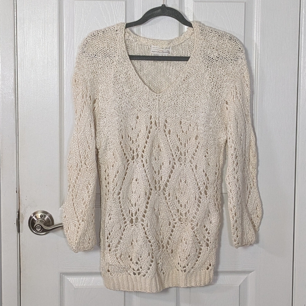 Vintage 80s Hand Knit Linen Ramie Blend Cream Sweater by Jennifer Reed Size S